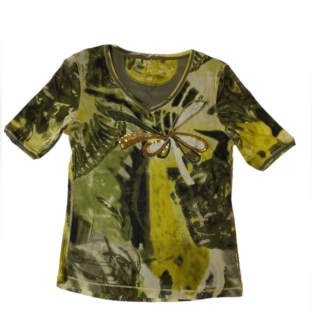 Louisa Cerano Short Sleeve V-Neck T-Shirt Sequin Design Green Yellow Size - 12